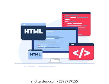 Coding or programming software interface on window desktop computer screen concept flat vector illustration, Web design concept for websites, landing pages, mobile apps, and banners