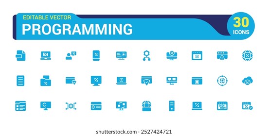 Coding and programming solid icons set. software development icons, filled icon collection, glyph for web and ui. Vector illustration. Editable and pixel perfect.