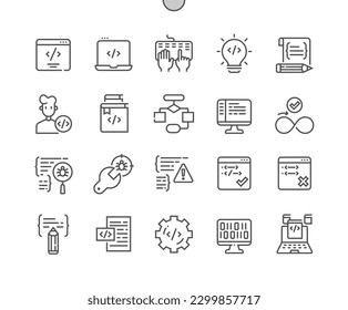 Codificación. Soluciones de programación. Algoritmo, desarrollador, script. Corrección de fallos. Iconos De Línea Delgada De Vector Perfecto De Pixel. Pictograma mínimo simple