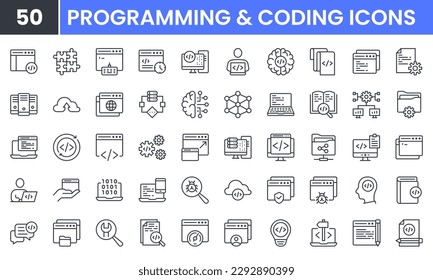 Coding and Programming vector line icon set. Contains linear outline icons like Web Development, Code, Website, Cloud, App, Data, Software, Algorithm, Api, Build, Program. Editable use and stroke.