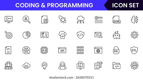Codificando e programando ícones de linha de vetor com colchetes de código, laptops, bugs, depuração, algoritmos, desenvolvedores, software, scripts e fluxos de trabalho técnicos.