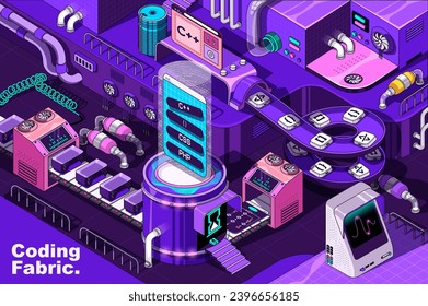 Coding and programming web concept in 3d isometric design. Software, programs and scripts engineering. Abstract fabric production line in isometry graphic for corporate poster. Vector illustration.