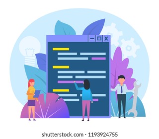 Coding, programming web or desktop application. Small people stand near big page with code. Poster for social media, presentation, web page, banner. Flat design vector illustration