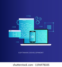 Coding, programming, website and application development vector illustration. Technology concept for software API prototyping and testing. Design for web banners and apps
