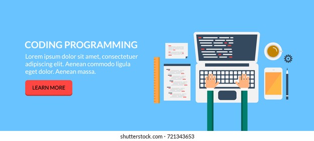 Coding, programming, writing codes, design flat vector illustration banner concept