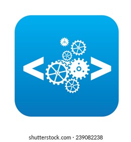 Coding quality icon on blue button,clean vector