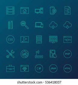 Coding Resources Line Icons. Vector Set of Outline Programming Items over Blurred Background.