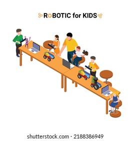 Coding robotics for kids isometric 3d vector illustration concept for banner, website, illustration, landing page, flyer, etc.