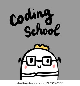 Coding school hand drawn illustration in cartoon style minimalism with cute kid