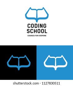 Coding school logo concept. Curved brackets forming an open book.