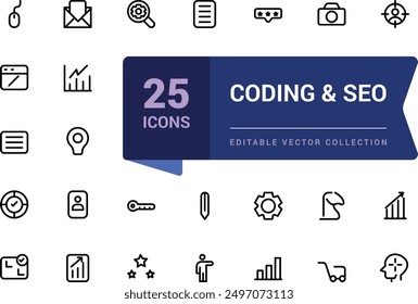 Coding and SEO outline web and ui icons set. Thin line web icon collection. Minimalist thin linear web ui icon set. Simple editable vector stroke illustration.