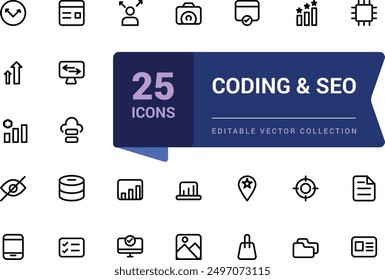 Coding and SEO outline web and ui icons set. Thin line web icon collection. Minimalist thin linear web ui icon set. Simple editable vector stroke illustration.