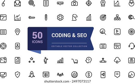 Coding and SEO outline web and ui icons set. Thin line web icon collection. Minimalist thin linear web ui icon set. Simple editable vector stroke illustration.