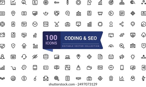 Coding and SEO outline web and ui icons set. Thin line web icon collection. Minimalist thin linear web ui icon set. Simple editable vector stroke illustration.