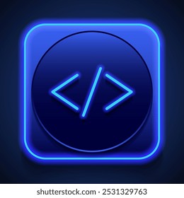 Coding simple icon vector. Flat design. Blue neon style on button. With shadow.ai