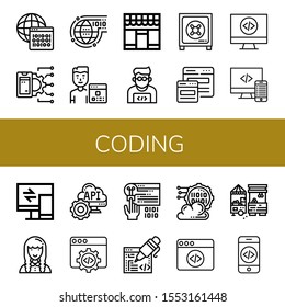 coding simple icons set. Contains such icons as Binary code, Api, Programming, Programmer, Market, Safe box, Responsive, Code, Developer, can be used for web, mobile and logo