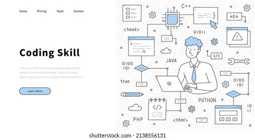 Coding skill doodle landing page. Programmer with laptop develop code, testing program and software for computer or mobile phone. Developer work with java, html, php, script Line art vector web banner
