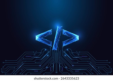 Coding, software development, AI programming concept. Code brackets and circuit board on dark blue background. Futuristic glowing vector illustration in polygonal tech style.