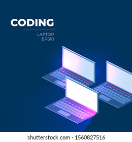 Coding, software development and programming on laptop. Vector illustration on dark background in isometric style. 