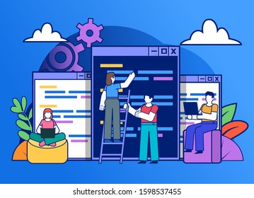 Coding, software development team. Group of people stand near big pages with code. Poster for social media, web page, banner, presentation. Flat design vector illustration