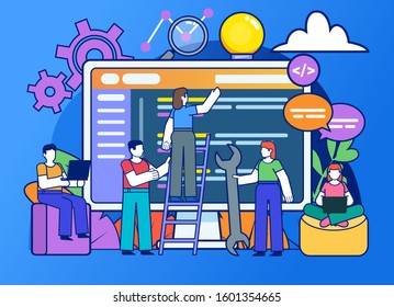 Coding, software development team. Small people stand near big screen. Poster for social media, web page, banner, presentation. Modern design vector illustration