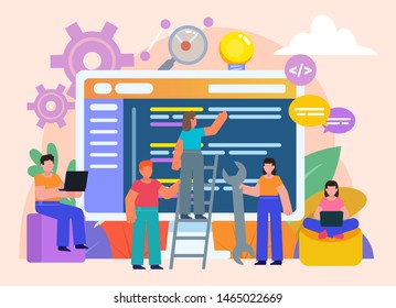 Coding, software development team, web studio. Group of people working near big web page. Flat design vector illustration. Poster for social media, web page, banner, presentation