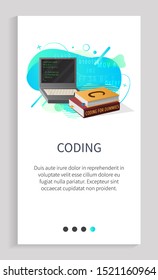 Coding subject vector, laptop and books with programing language, discipline in school or university, computer science and studies seminar. Website or app slider template, landing page flat style