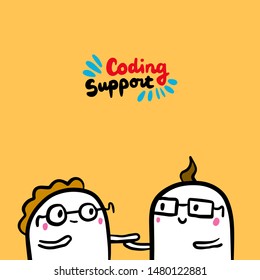 Coding support hand drawn vector illustration in cartoon style couple holding