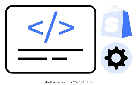Coding symbols on a card with a settings gear and a shopping bag. Ideal for programming, web development, e-commerce, online stores, software development. Minimalist, modern, clean