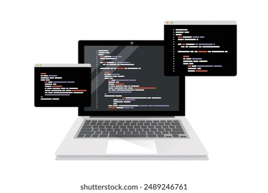 símbolos de codificación y ventanas de programación en la pantalla del portátil. Concepto de programación o desarrollo de software o juego. Ilustración plana de Vector