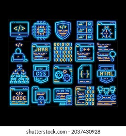 Coding System neon light sign vector. Glowing bright icon  Binary Coding System, Data Encryption Pictograms. Web Development, Programming Languages, Bug Fixing, HTML, Script Illustrations