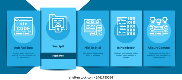 Coding System Vector Onboarding Mobile App Page Screen. Binary Coding System, Data Encryption Linear Pictograms. Web Development, Programming Languages, Bug Fixing, HTML, Script Illustration