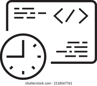 Coding tag on the tablet with watch icon. That's coding time illustration