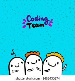 Coding team hand drawn vector illustration in cartoon style. Happy people together programmers textured background