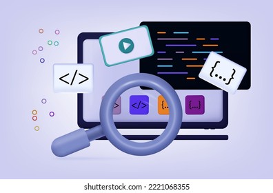 Coding or testing process 3d, search, check, select. Software, system task, search for bugs on laptop screen, bug with magnifying glass. Application, development, web building. Vector illustration.