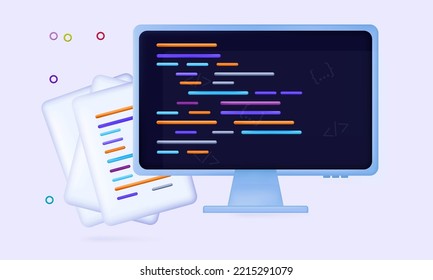 Coding testing process 3d . Software, system task, search for bugs on laptop screen, bug. Model development in the workplace. Application programming process, system data, script. Vector illustration.
