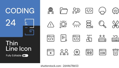 Coding thin line icons for development isolated on white background