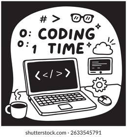 Coding time concept illustration with laptop, coffee cup, and programming symbols in doodle style.
