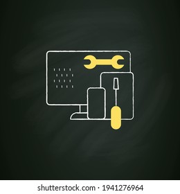 Coding toolkit chalk icon. Software development tools. Instruments for creating programming code. Computer, wrench, screwdriver. Isolated vector illustration on chalkboard
