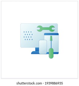 Coding toolkit flat icon. Software development tools. Instruments for creating programming code. Computer, wrench, screwdriver. Digitalization concept. 3d vector illustration