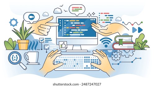 Coding tutor and advices for software programming outline hands concept. Website development team with assistants and peer collaboration vector illustration. App code writing with online support help