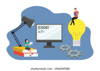 Coding vector concept: Two university students learning code while reading book together