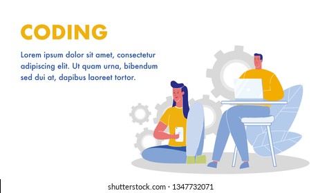 Coding Vector Web Banner Layout with Copyspace. Programming Poster. App, Website, Software Developers. Colleagues, Freelancers Characters. Man Working on Laptop. Woman Using Smartphone