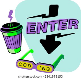 Coding vibe. Cool atmosphere. Colors of the 80s. Web page. Portfolio. Computer science and programming. Coffe and glasses.