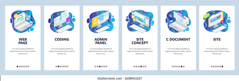 Coding, web development, admin panel, isometric icons. Mobile app onboarding screens. Menu vector banner template for website and mobile. Web site design flat illustration.