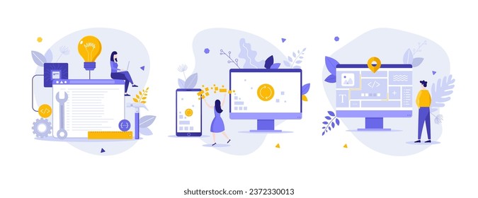 Coding and Web Development flat concept vector illustrations set. Digital network structure maintenance cartoon composition. Computing technology improvement idea for website, presentation