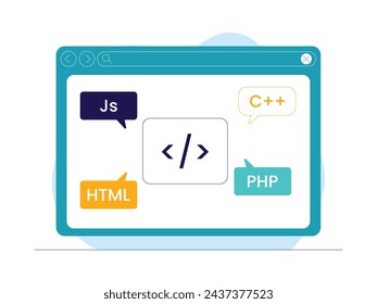 Coding for web development in updated systems, vector illustration.