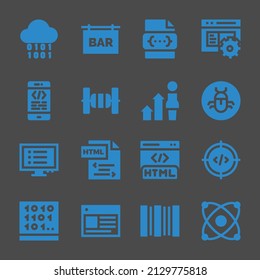 coding web icons. Binary and Bar, Code and Bug symbol, vector signs