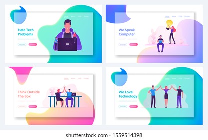 Coding Work and Highfive Website Landing Page Set. Programmer Coder Developing Software for Computer or Mobile App, Business People Celebrate Success Web Page Banner. Cartoon Flat Vector Illustration