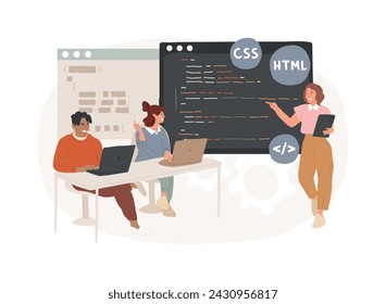 Taller de codificación concepto aislado ilustración vectorial. Taller de escritura de código, curso de programación en línea, clase de desarrollo de aplicaciones y juegos, lección de informática, concepto de vector de desarrollo de software.